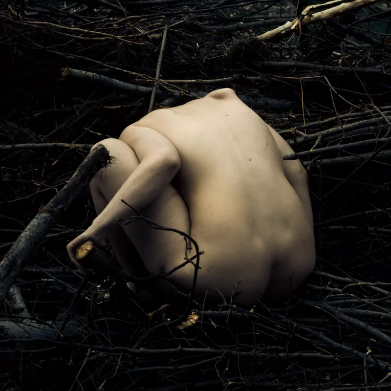 Symbolisches Bild einer Person, die mit der Natur verwoben ist, Betonung der Verbindung mit der Erde.