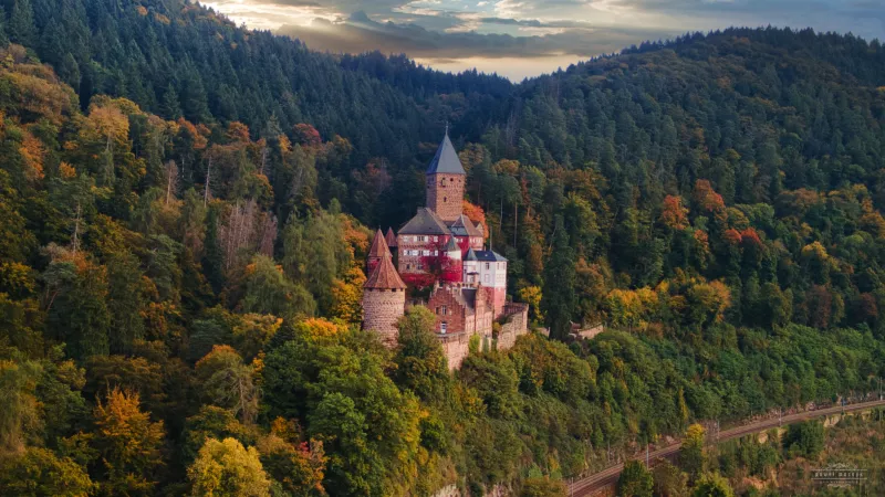 Zamek Zwingenberg otoczony jesiennym lasem w Odenwaldzie