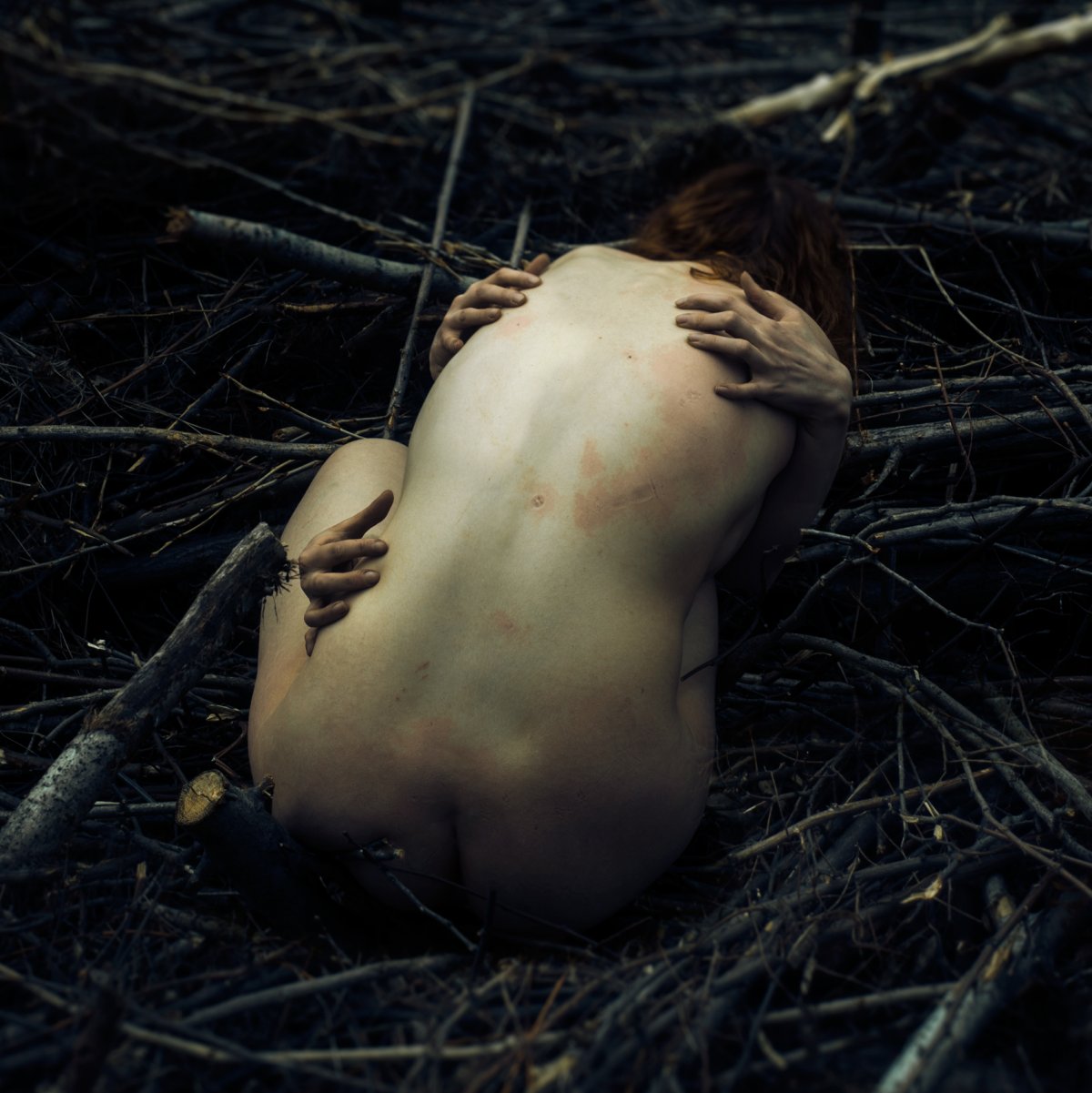  Female nude: naked woman embraced by nature.