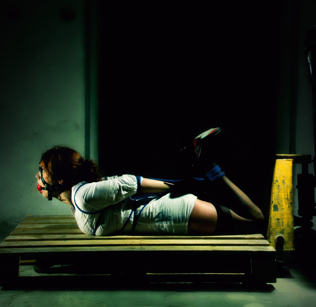 Bound and gagged woman on pallet jack