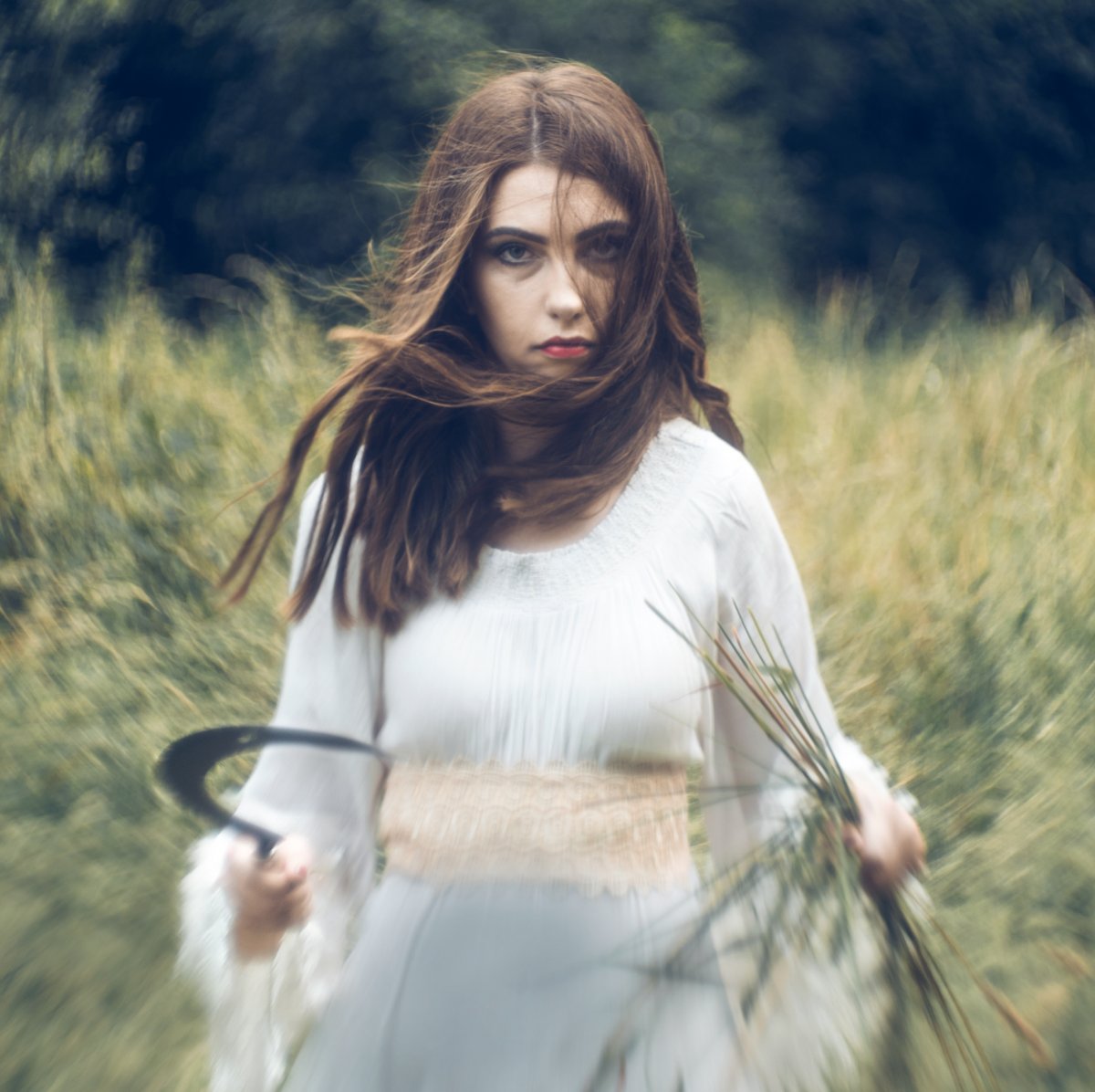 Slavic mythological figure Poludnica in a field